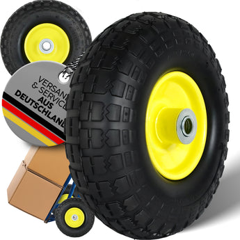 FROSAL Ersatzrad pannensicher 4.10/3.50-4 (260x85) – PU Rad mit Kugellager, Nabenlänge 50 mm, Achsdurchmesser 16 mm, gelbe Stahlfelge – für Bollerwagen & Sackkarre 1 Stück