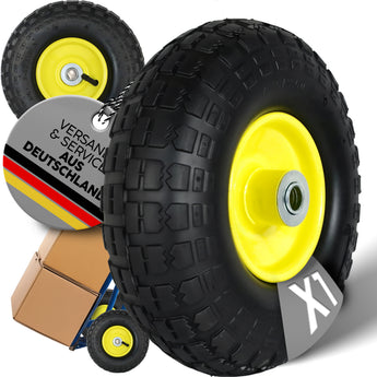 FROSAL Ersatzrad für Bollerwagen & Sackkarre – Luftreifen 4.10/3.50-4 (260x85), gelbe Stahlfelge, Kugellager, Nabenlänge 50 mm, Achsdurchmesser 16 mm 1 Stück
